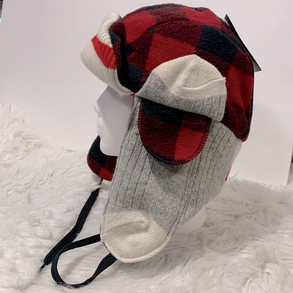 POOK Red Plaid Reversible Polar Fleece Bomber Style Trapper Hat unisex